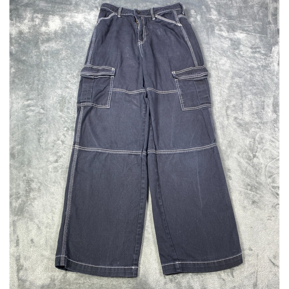 H&M Divided Wide Leg Cargo Pants Womens 2 Contrast Stitch Y2K Gothic Flare Pleat